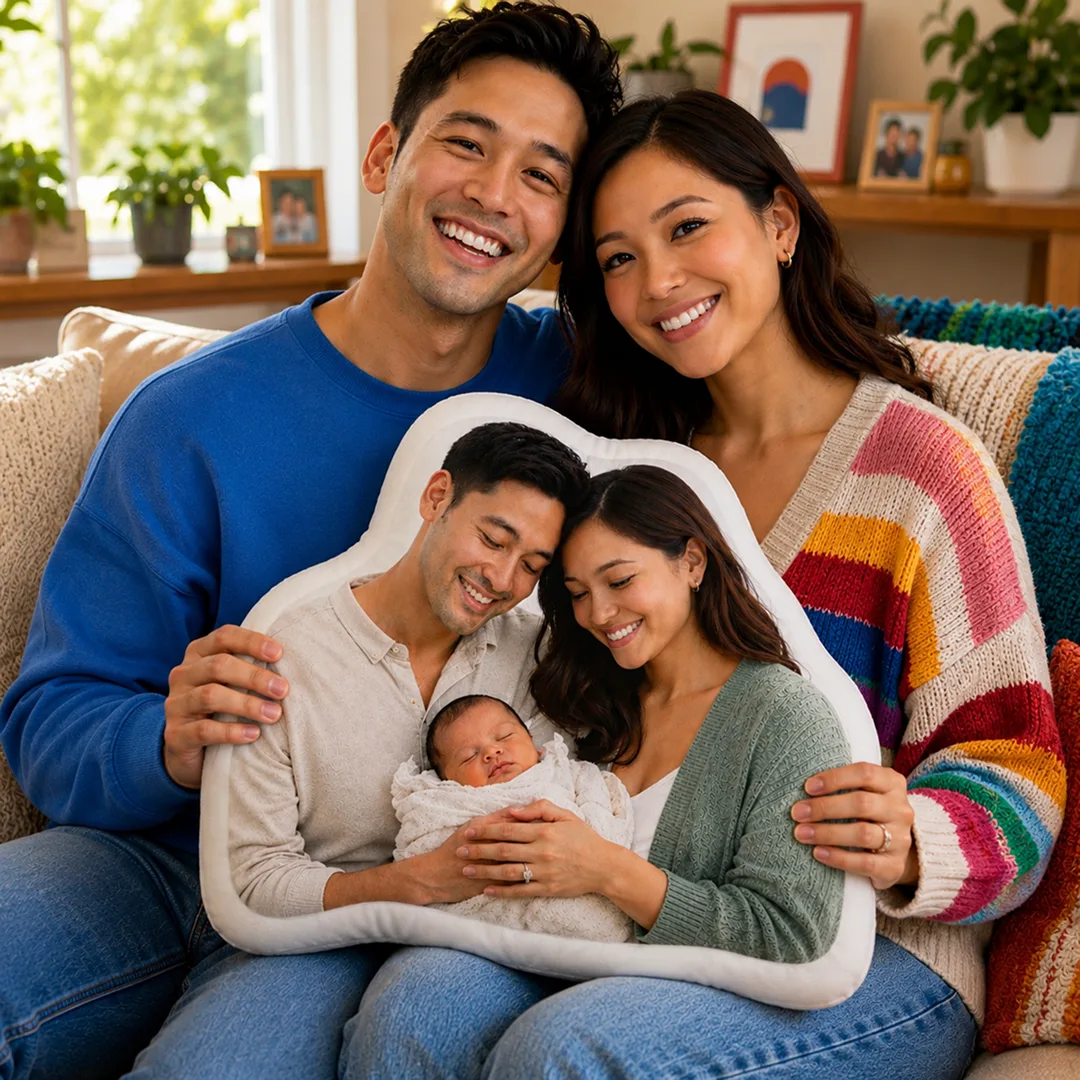 Family hugging their hugabu plush